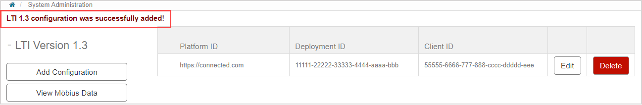 Message "LTI 1.3 configuration was successfully added". In the LTI Version 1.3 table, new row has entries for Platform ID, Deployment ID and Client ID.